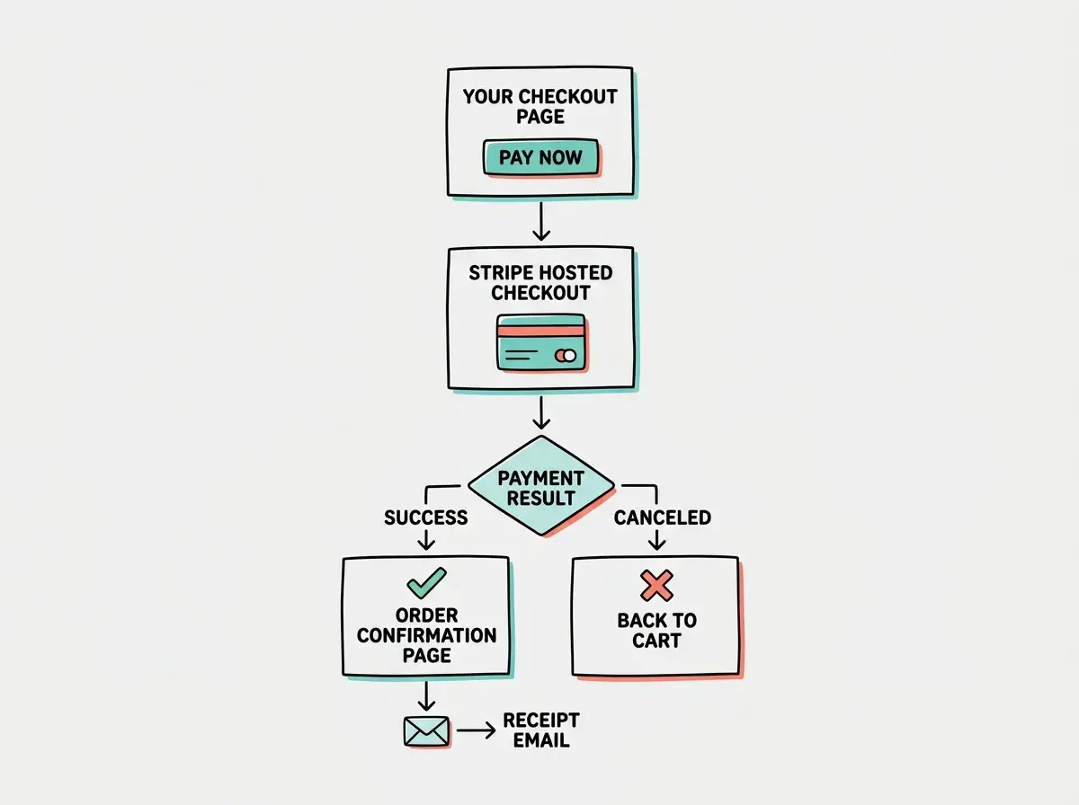 EXPLAINER DIAGRAM: A vertical sequence showing the Stripe payment flow. Top box labeled YOUR CHECKOUT PAGE has a PAY NOW button. An arrow points down to a middle box labeled STRIPE HOSTED CHECKOUT showing a credit card form illustration. An arrow points down to a decision diamond labeled PAYMENT RESULT with two branches. Left branch labeled SUCCESS points to a box reading ORDER CONFIRMATION PAGE with a green checkmark. Right branch labeled CANCELED points to a box reading BACK TO CART with a red X. A separate arrow from the SUCCESS box points to a small email icon labeled RECEIPT EMAIL. Teal and coral color scheme on light gray background.