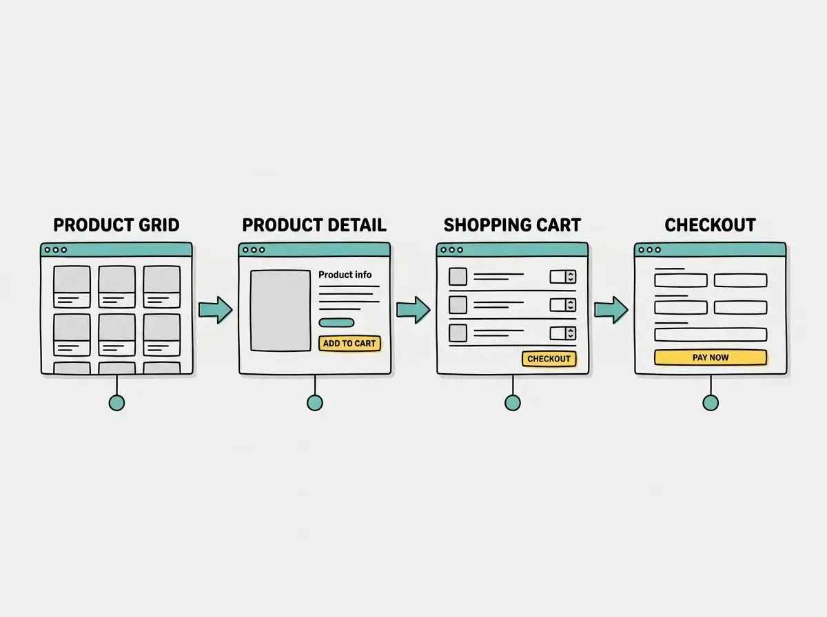 EXPLAINER DIAGRAM: A horizontal flow showing four connected screens of the e-commerce storefront. First screen labeled PRODUCT GRID shows a 3-by-2 grid of product card rectangles. Second screen labeled PRODUCT DETAIL shows a large image placeholder on the left and product info text lines on the right with an ADD TO CART button. Third screen labeled SHOPPING CART shows three line items with quantities and a CHECKOUT button. Fourth screen labeled CHECKOUT shows a form with input fields and a PAY NOW button. Teal arrows connect each screen from left to right. Light gray background.
