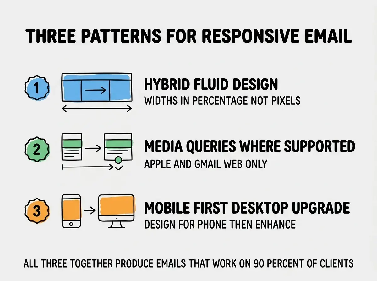 EXPLAINER DIAGRAM titled THREE PATTERNS FOR RESPONSIVE EMAIL shown as a vertical numbered list on a slate background. Three rows. Row 1 blue badge HYBRID FLUID DESIGN sublabel WIDTHS IN PERCENTAGE NOT PIXELS. Row 2 green badge MEDIA QUERIES WHERE SUPPORTED sublabel APPLE AND GMAIL WEB ONLY. Row 3 orange badge MOBILE FIRST DESKTOP UPGRADE sublabel DESIGN FOR PHONE THEN ENHANCE. Footer reads ALL THREE TOGETHER PRODUCE EMAILS THAT WORK ON 90 PERCENT OF CLIENTS.