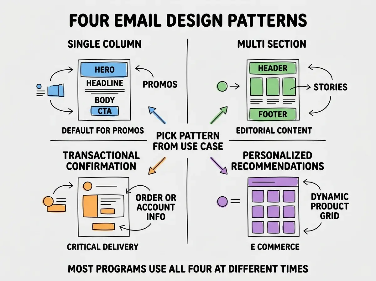 EXPLAINER DIAGRAM titled FOUR EMAIL DESIGN PATTERNS shown as a 2x2 grid of quadrants on a slate background. Top left blue SINGLE COLUMN PROMOTIONAL sublabel HERO HEADLINE BODY CTA, when DEFAULT FOR PROMOS. Top right green MULTI SECTION NEWSLETTER sublabel HEADER STORIES FOOTER, when EDITORIAL CONTENT. Bottom left orange TRANSACTIONAL CONFIRMATION sublabel ORDER OR ACCOUNT INFO, when CRITICAL DELIVERY. Bottom right purple PERSONALIZED RECOMMENDATIONS sublabel DYNAMIC PRODUCT GRID, when E COMMERCE. Center label reads PICK PATTERN FROM USE CASE. Footer reads MOST PROGRAMS USE ALL FOUR AT DIFFERENT TIMES.