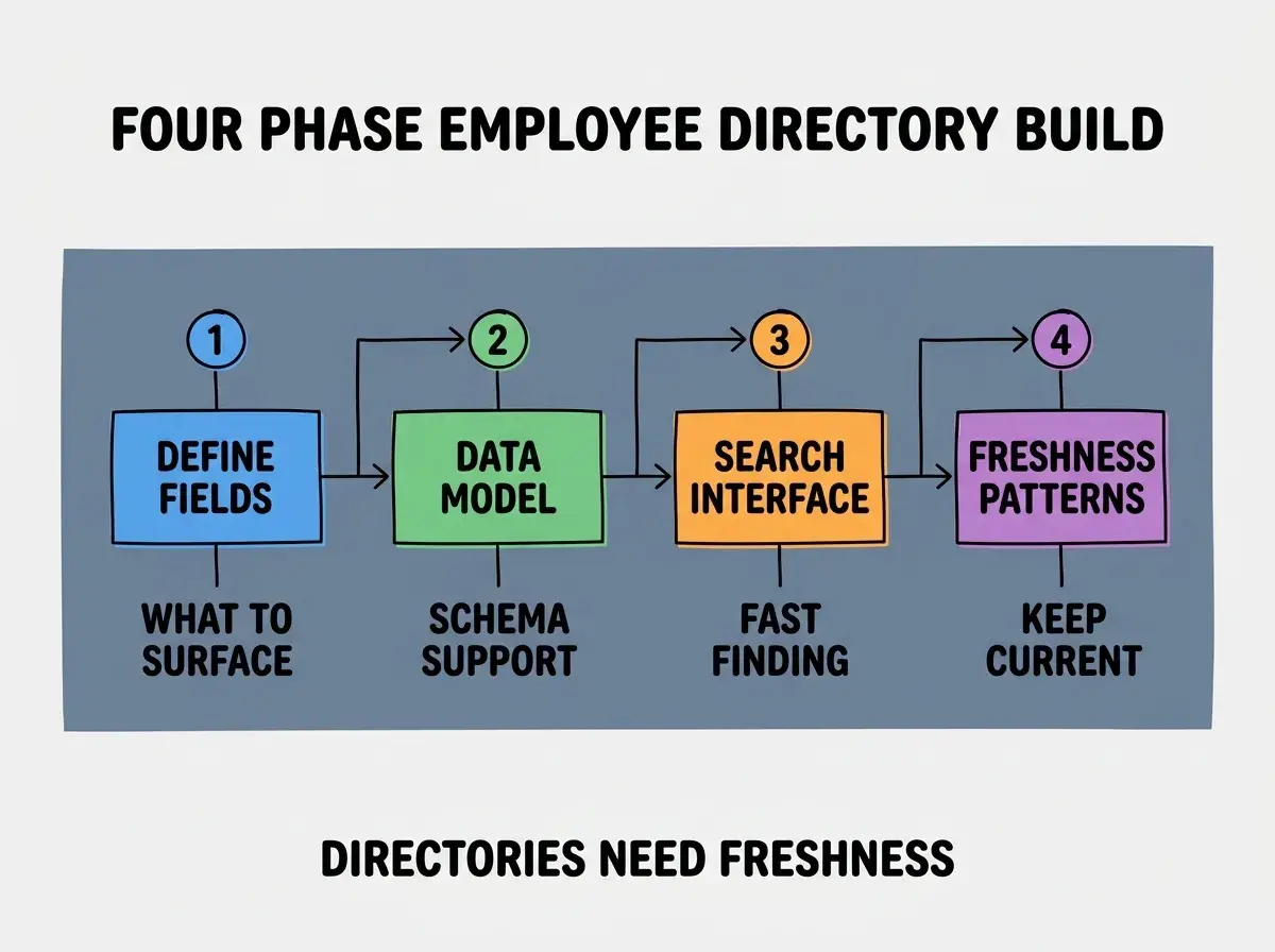 EXPLAINER DIAGRAM titled FOUR PHASE EMPLOYEE DIRECTORY BUILD shown as a horizontal four-stage pipeline on a slate background. Stage 1 colored blue DEFINE FIELDS sublabel WHAT TO SURFACE. Stage 2 colored green DATA MODEL sublabel SCHEMA SUPPORT. Stage 3 colored orange SEARCH INTERFACE sublabel FAST FINDING. Stage 4 colored purple FRESHNESS PATTERNS sublabel KEEP CURRENT. Footer reads DIRECTORIES NEED FRESHNESS.