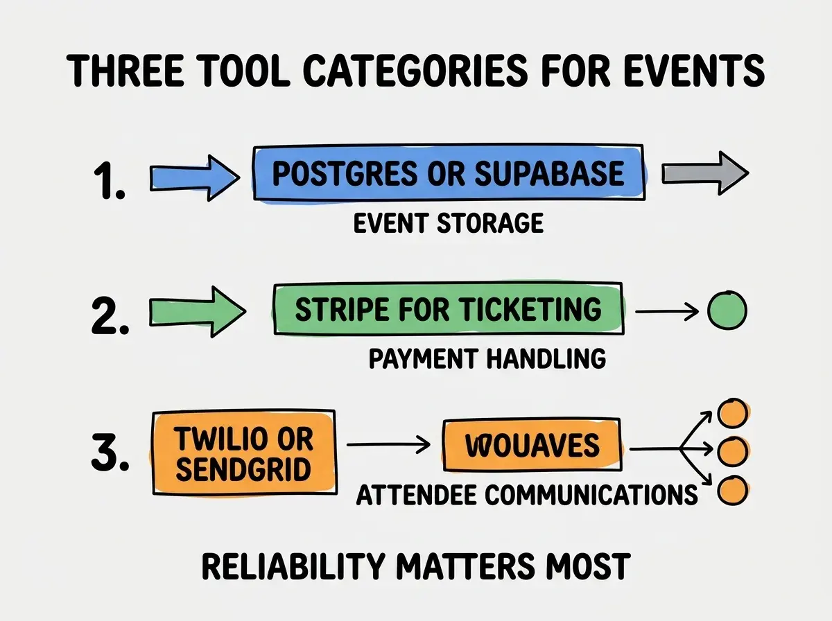 EXPLAINER DIAGRAM titled THREE TOOL CATEGORIES FOR EVENTS shown as a vertical numbered list on a slate background. Three rows. Row 1 blue badge POSTGRES OR SUPABASE sublabel EVENT STORAGE. Row 2 green badge STRIPE FOR TICKETING sublabel PAYMENT HANDLING. Row 3 orange badge TWILIO OR SENDGRID sublabel ATTENDEE COMMUNICATIONS. Footer reads RELIABILITY MATTERS MOST. CRITICAL: each label appears only ONCE.