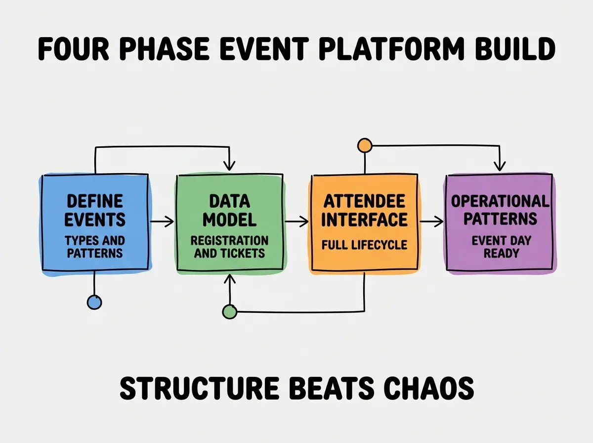 EXPLAINER DIAGRAM titled FOUR PHASE EVENT PLATFORM BUILD shown as a horizontal four-stage pipeline on a slate background. Stage 1 colored blue DEFINE EVENTS sublabel TYPES AND PATTERNS. Stage 2 colored green DATA MODEL sublabel REGISTRATION AND TICKETS. Stage 3 colored orange ATTENDEE INTERFACE sublabel FULL LIFECYCLE. Stage 4 colored purple OPERATIONAL PATTERNS sublabel EVENT DAY READY. Footer reads STRUCTURE BEATS CHAOS.