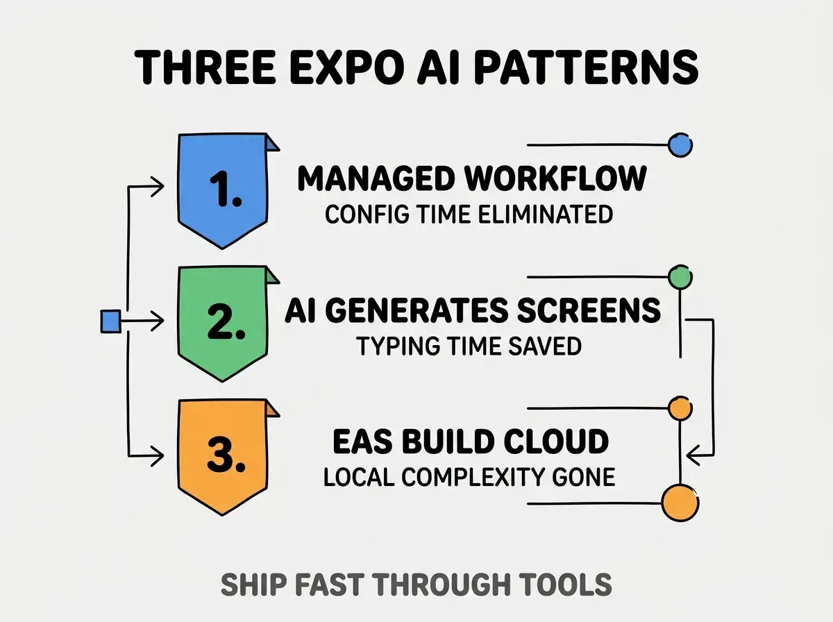 Clean modern flat infographic on light gray background. Top title bold black: THREE EXPO AI PATTERNS. Single vertical numbered list with three rows. Row 1 blue badge MANAGED WORKFLOW with subtitle CONFIG TIME ELIMINATED. Row 2 green badge AI GENERATES SCREENS with subtitle TYPING TIME SAVED. Row 3 orange badge EAS BUILD CLOUD with subtitle LOCAL COMPLEXITY GONE. Footer text dark gray: SHIP FAST THROUGH TOOLS. Each label appears exactly once. No duplicated text.