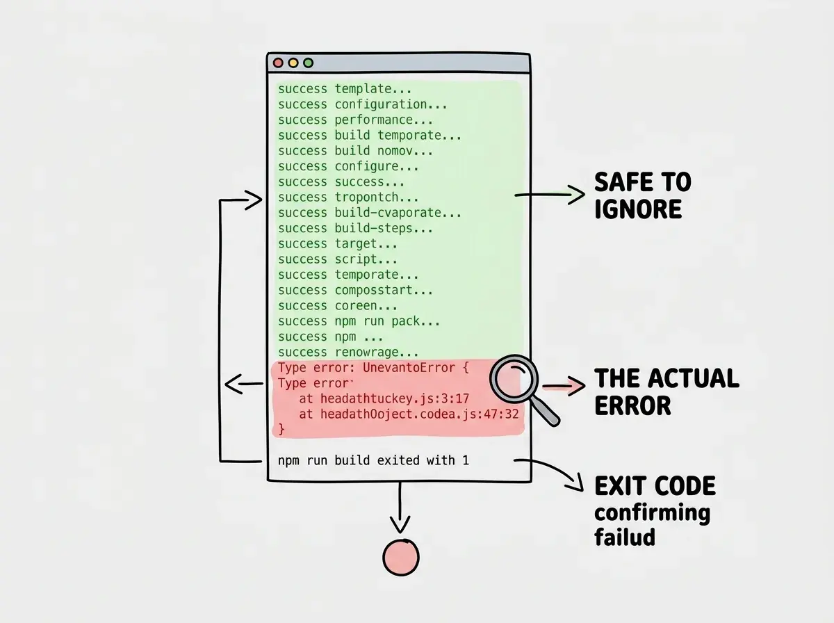 EXPLAINER DIAGRAM: A vertical flowchart showing a deployment log being read. At the top, a terminal window shows 20 lines of green success text, then three lines highlighted in red showing a Type error message, then a final line reading npm run build exited with 1. Arrows point to three zones labeled SAFE TO IGNORE at the top green section, THE ACTUAL ERROR at the red section, and EXIT CODE confirming failure at the bottom line. A magnifying glass icon hovers over the red section.