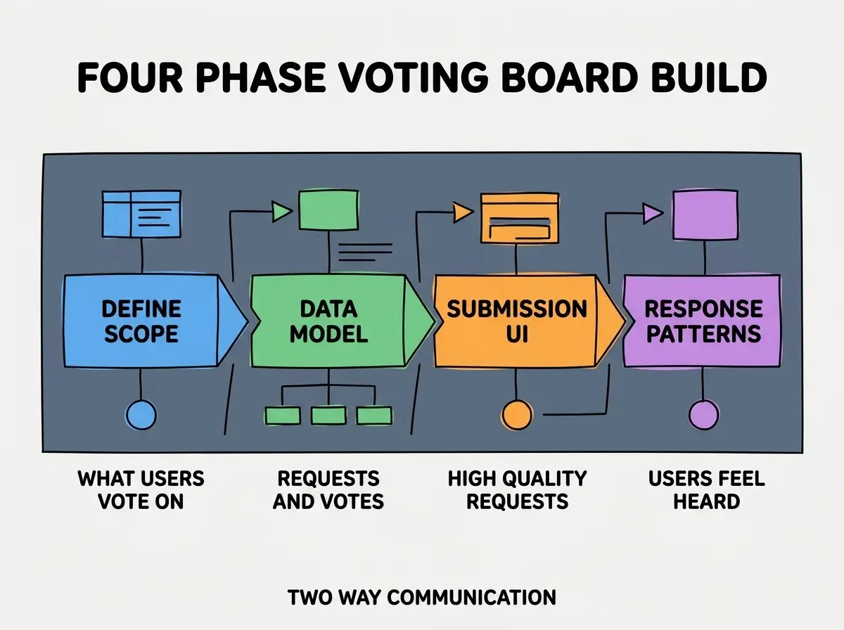 EXPLAINER DIAGRAM titled FOUR PHASE VOTING BOARD BUILD shown as a horizontal four-stage pipeline on a slate background. Stage 1 colored blue DEFINE SCOPE sublabel WHAT USERS VOTE ON. Stage 2 colored green DATA MODEL sublabel REQUESTS AND VOTES. Stage 3 colored orange SUBMISSION UI sublabel HIGH QUALITY REQUESTS. Stage 4 colored purple RESPONSE PATTERNS sublabel USERS FEEL HEARD. Footer reads TWO WAY COMMUNICATION.