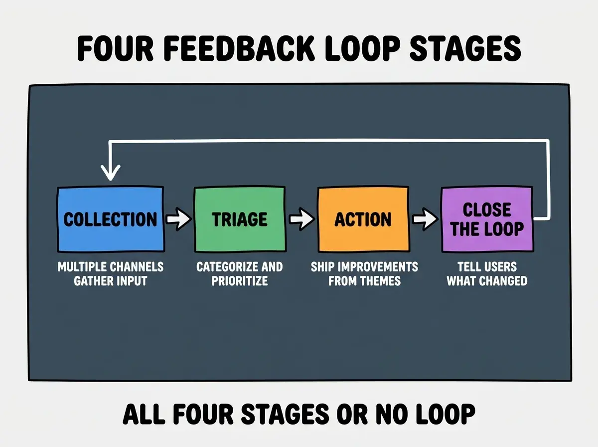 EXPLAINER DIAGRAM titled FOUR FEEDBACK LOOP STAGES shown as a horizontal four-stage pipeline on a slate background. Stage 1 colored blue COLLECTION sublabel MULTIPLE CHANNELS GATHER INPUT. Stage 2 colored green TRIAGE sublabel CATEGORIZE AND PRIORITIZE. Stage 3 colored orange ACTION sublabel SHIP IMPROVEMENTS FROM THEMES. Stage 4 colored purple CLOSE THE LOOP sublabel TELL USERS WHAT CHANGED. Footer reads ALL FOUR STAGES OR NO LOOP.
