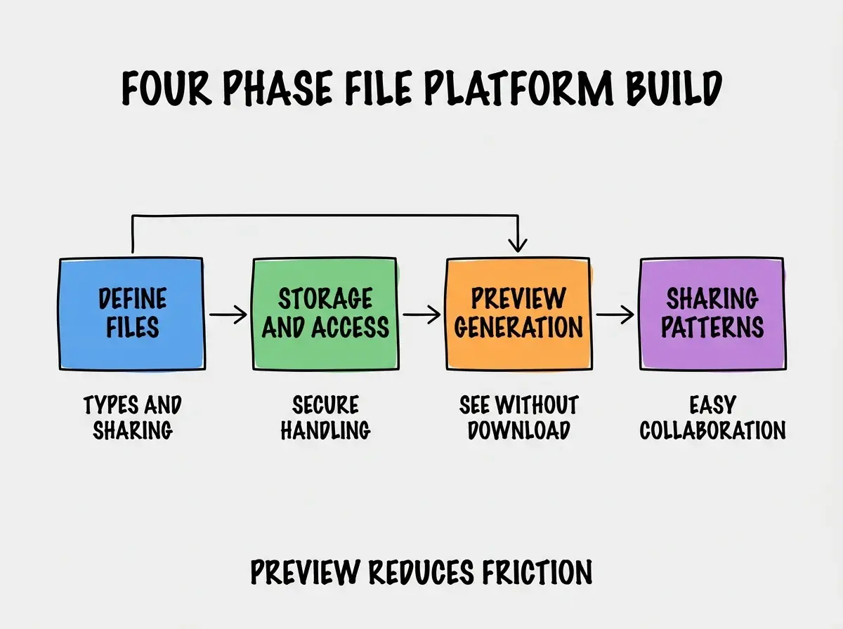 EXPLAINER DIAGRAM titled FOUR PHASE FILE PLATFORM BUILD shown as a horizontal four-stage pipeline on a slate background. Stage 1 colored blue DEFINE FILES sublabel TYPES AND SHARING. Stage 2 colored green STORAGE AND ACCESS sublabel SECURE HANDLING. Stage 3 colored orange PREVIEW GENERATION sublabel SEE WITHOUT DOWNLOAD. Stage 4 colored purple SHARING PATTERNS sublabel EASY COLLABORATION. Footer reads PREVIEW REDUCES FRICTION.
