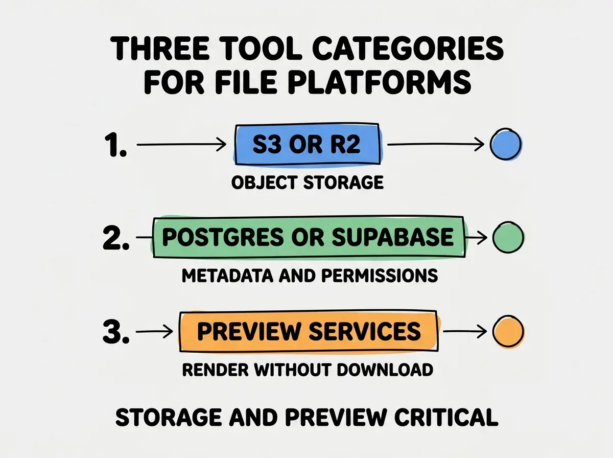 EXPLAINER DIAGRAM titled THREE TOOL CATEGORIES FOR FILE PLATFORMS shown as a vertical numbered list on a slate background. Three rows. Row 1 blue badge S3 OR R2 sublabel OBJECT STORAGE. Row 2 green badge POSTGRES OR SUPABASE sublabel METADATA AND PERMISSIONS. Row 3 orange badge PREVIEW SERVICES sublabel RENDER WITHOUT DOWNLOAD. Footer reads STORAGE AND PREVIEW CRITICAL. CRITICAL: each label appears only ONCE.