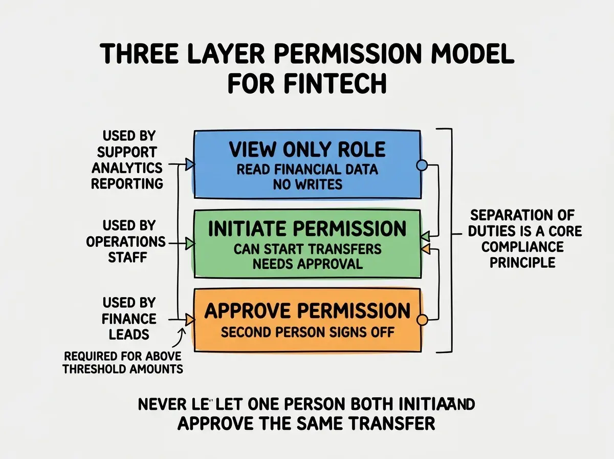 EXPLAINER DIAGRAM titled THREE LAYER PERMISSION MODEL FOR FINTECH shown as a vertical stacked layer diagram on a slate background. Layer 1 top blue VIEW ONLY ROLE sublabel READ FINANCIAL DATA NO WRITES, used by SUPPORT ANALYTICS REPORTING. Layer 2 middle green INITIATE PERMISSION sublabel CAN START TRANSFERS NEEDS APPROVAL, used by OPERATIONS STAFF. Layer 3 bottom orange APPROVE PERMISSION sublabel SECOND PERSON SIGNS OFF, used by FINANCE LEADS, with note REQUIRED FOR ABOVE THRESHOLD AMOUNTS. Right side label SEPARATION OF DUTIES IS A CORE COMPLIANCE PRINCIPLE. Footer reads NEVER LET ONE PERSON BOTH INITIATE AND APPROVE THE SAME TRANSFER.