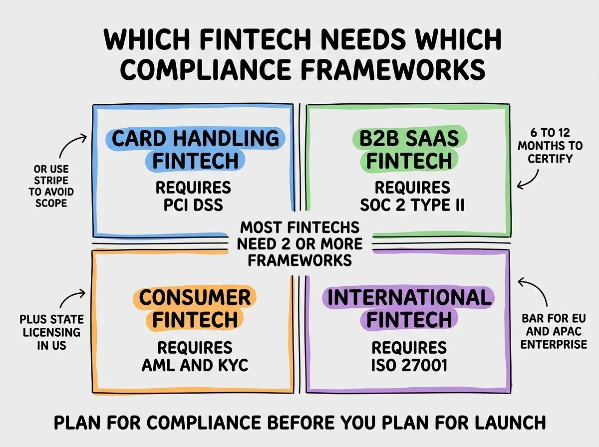 EXPLAINER DIAGRAM titled WHICH FINTECH NEEDS WHICH COMPLIANCE FRAMEWORKS shown as a 2x2 grid of quadrants on a slate background. Top left blue quadrant CARD HANDLING FINTECH sublabel REQUIRES PCI DSS, with note OR USE STRIPE TO AVOID SCOPE. Top right green B2B SAAS FINTECH sublabel REQUIRES SOC 2 TYPE II, with note 6 TO 12 MONTHS TO CERTIFY. Bottom left orange CONSUMER FINTECH sublabel REQUIRES AML AND KYC, with note PLUS STATE LICENSING IN US. Bottom right purple INTERNATIONAL FINTECH sublabel REQUIRES ISO 27001, with note BAR FOR EU AND APAC ENTERPRISE. Center label reads MOST FINTECHS NEED 2 OR MORE FRAMEWORKS. Footer reads PLAN FOR COMPLIANCE BEFORE YOU PLAN FOR LAUNCH.