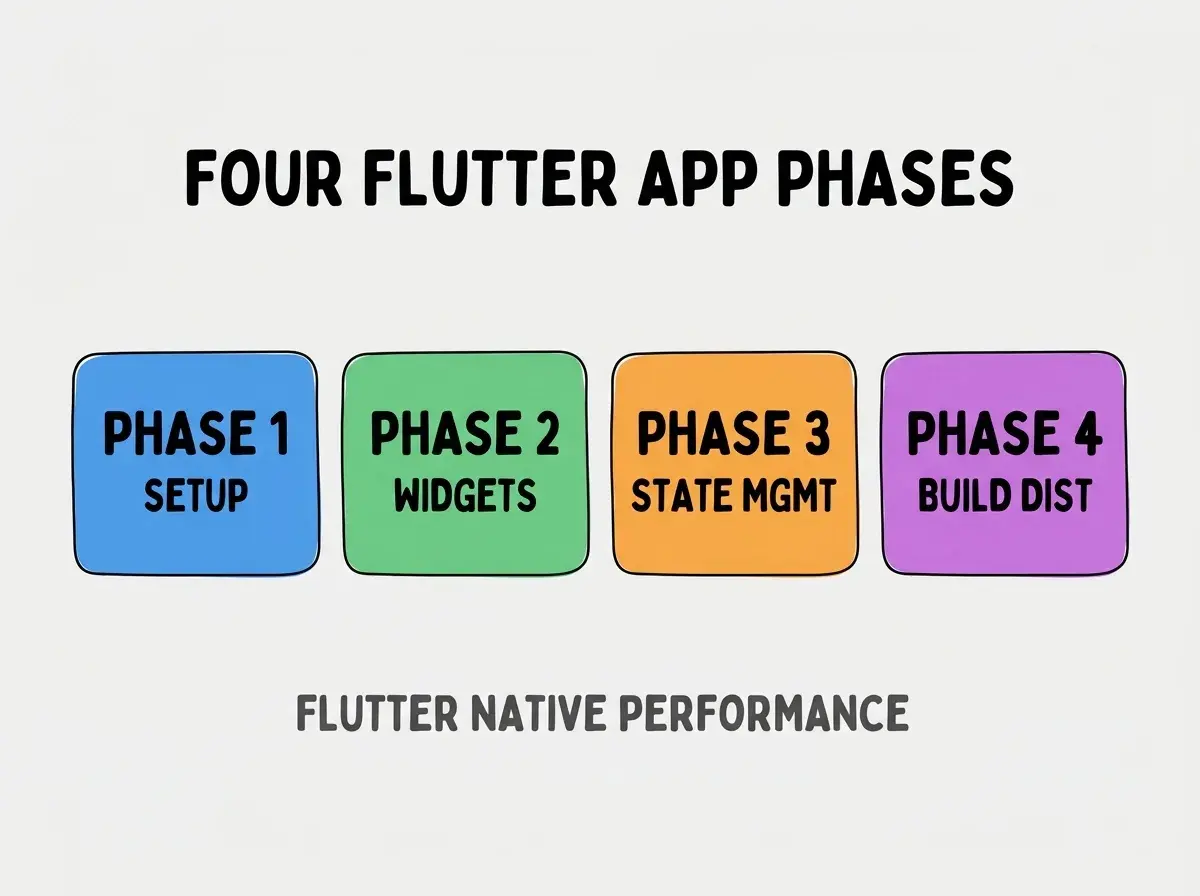 Clean modern flat infographic on light gray background. Top center bold black title text: FOUR FLUTTER APP PHASES. Below title, four equal sized colored rounded rectangle cards arranged horizontally. Card 1 blue: large bold text PHASE 1 then smaller text SETUP. Card 2 green: large bold text PHASE 2 then smaller text WIDGETS. Card 3 orange: large bold text PHASE 3 then smaller text STATE MGMT. Card 4 purple: large bold text PHASE 4 then smaller text BUILD DIST. Single footer line below cards in dark gray text: FLUTTER NATIVE PERFORMANCE. Nothing else on canvas. No text outside cards or below cards.