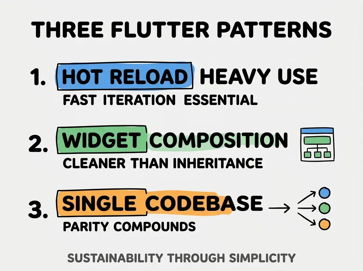 Clean modern flat infographic on light gray background. Top title bold black: THREE FLUTTER PATTERNS. Single vertical numbered list with three rows. Row 1 blue badge HOT RELOAD HEAVY USE with subtitle FAST ITERATION ESSENTIAL. Row 2 green badge WIDGET COMPOSITION with subtitle CLEANER THAN INHERITANCE. Row 3 orange badge SINGLE CODEBASE with subtitle PARITY COMPOUNDS. Footer text dark gray: SUSTAINABILITY THROUGH SIMPLICITY. Each label appears exactly once. No duplicated text.