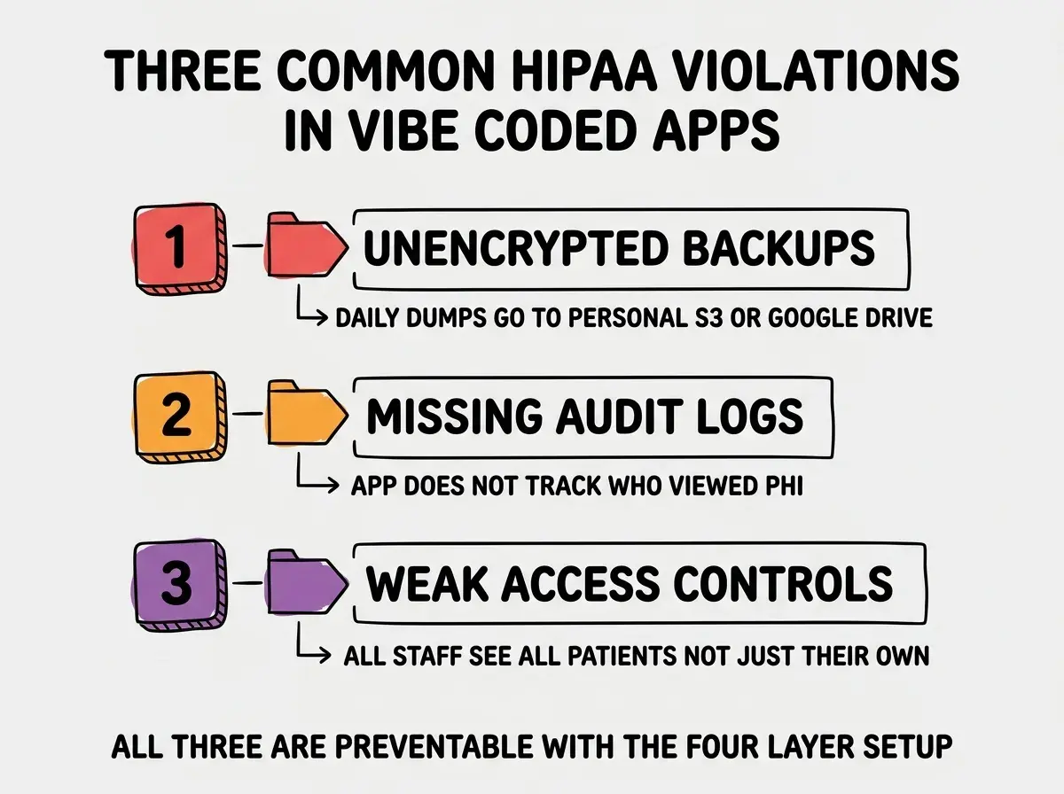 EXPLAINER DIAGRAM titled THREE COMMON HIPAA VIOLATIONS IN VIBE CODED APPS shown as a vertical numbered list on a slate background. Three rows. Row 1 red badge UNENCRYPTED BACKUPS sublabel DAILY DUMPS GO TO PERSONAL S3 OR GOOGLE DRIVE. Row 2 orange badge MISSING AUDIT LOGS sublabel APP DOES NOT TRACK WHO VIEWED PHI. Row 3 purple badge WEAK ACCESS CONTROLS sublabel ALL STAFF SEE ALL PATIENTS NOT JUST THEIR OWN. Footer reads ALL THREE ARE PREVENTABLE WITH THE FOUR LAYER SETUP.