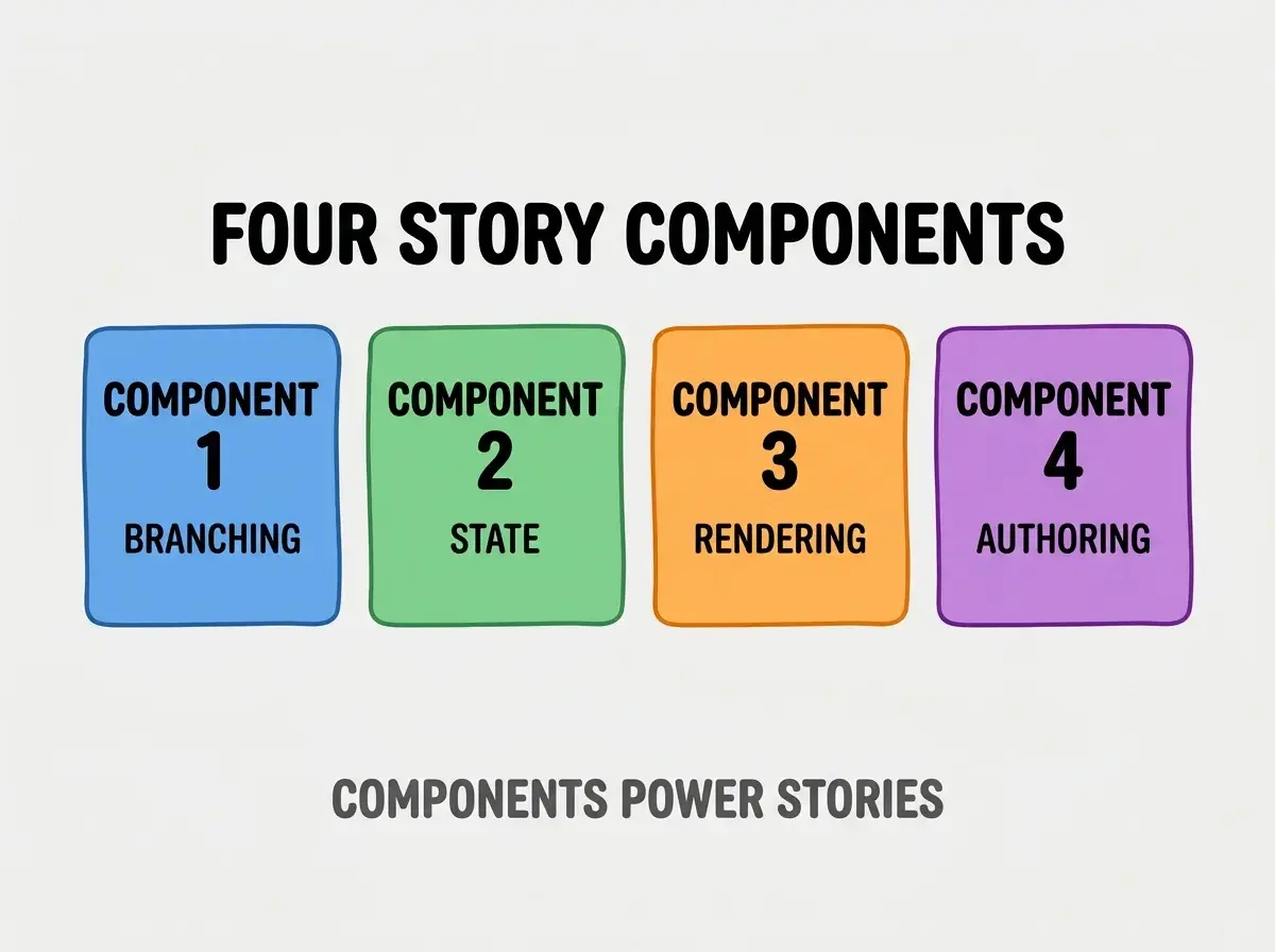 Clean modern flat infographic on light gray background. Top center bold black title text: FOUR STORY COMPONENTS. Below title, four equal sized colored rounded rectangle cards arranged horizontally. Card 1 blue: large bold text COMPONENT 1 then smaller text BRANCHING. Card 2 green: large bold text COMPONENT 2 then smaller text STATE. Card 3 orange: large bold text COMPONENT 3 then smaller text RENDERING. Card 4 purple: large bold text COMPONENT 4 then smaller text AUTHORING. Single footer line below cards in dark gray text: COMPONENTS POWER STORIES. Nothing else on canvas. No text outside cards or below cards.