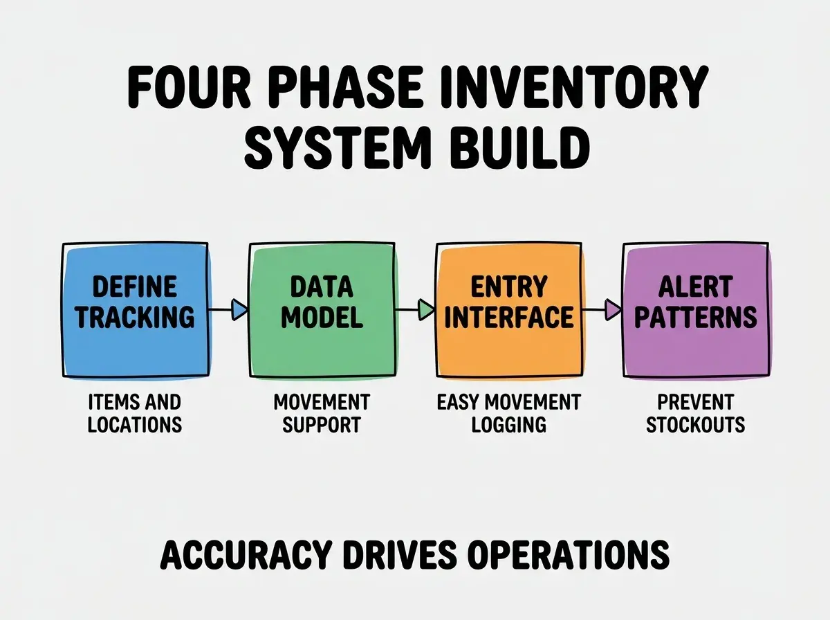 EXPLAINER DIAGRAM titled FOUR PHASE INVENTORY SYSTEM BUILD shown as a horizontal four-stage pipeline on a slate background. Stage 1 colored blue DEFINE TRACKING sublabel ITEMS AND LOCATIONS. Stage 2 colored green DATA MODEL sublabel MOVEMENT SUPPORT. Stage 3 colored orange ENTRY INTERFACE sublabel EASY MOVEMENT LOGGING. Stage 4 colored purple ALERT PATTERNS sublabel PREVENT STOCKOUTS. Footer reads ACCURACY DRIVES OPERATIONS.