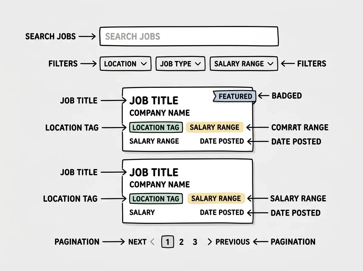 EXPLAINER DIAGRAM: A wireframe layout of a job board listing page. At the top, a search bar spans the full width with placeholder text SEARCH JOBS. Below it, three filter dropdowns in a row labeled LOCATION, JOB TYPE, and SALARY RANGE. Below the filters, two job cards are shown. The first card has a FEATURED badge in the top-right corner and contains sections labeled JOB TITLE, COMPANY NAME, LOCATION TAG, SALARY RANGE, and DATE POSTED. The second card is identical but without the featured badge. At the bottom, a pagination bar shows page numbers 1 2 3 with next and previous arrows.