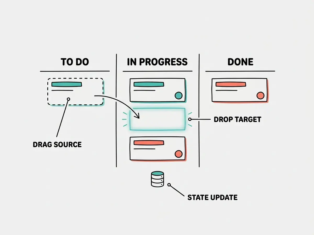 EXPLAINER DIAGRAM: A horizontal layout showing three kanban columns labeled TO DO, IN PROGRESS, and DONE. A card in the TO DO column has a dashed outline and an arrow curving from it to a highlighted drop zone in the IN PROGRESS column. The drop zone is shown as a glowing rectangular placeholder between two existing cards. Labels point to each element: DRAG SOURCE on the original card, DROP TARGET on the placeholder, and STATE UPDATE on a small database icon below. Clean flat design with teal and coral accents on light gray background.