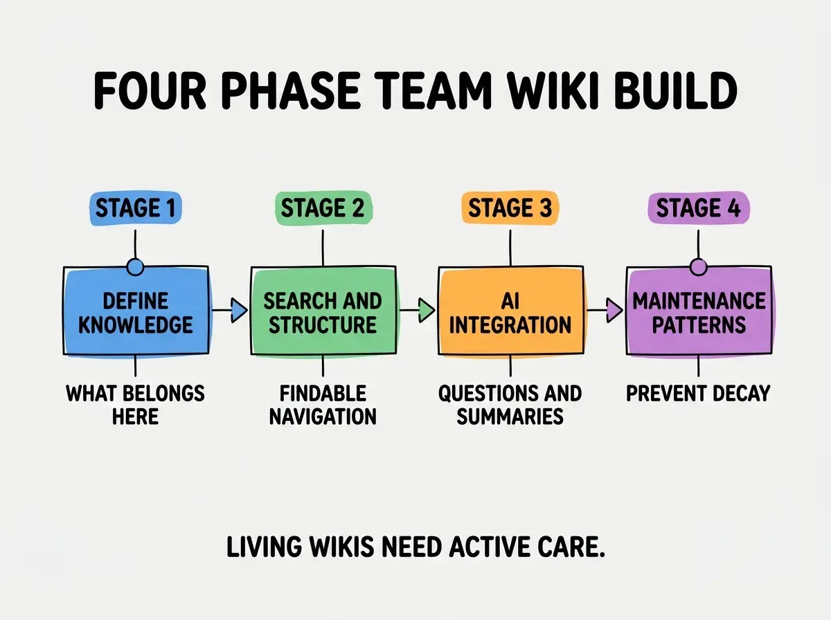 EXPLAINER DIAGRAM titled FOUR PHASE TEAM WIKI BUILD shown as a horizontal four-stage pipeline on a slate background. Stage 1 colored blue DEFINE KNOWLEDGE sublabel WHAT BELONGS HERE. Stage 2 colored green SEARCH AND STRUCTURE sublabel FINDABLE NAVIGATION. Stage 3 colored orange AI INTEGRATION sublabel QUESTIONS AND SUMMARIES. Stage 4 colored purple MAINTENANCE PATTERNS sublabel PREVENT DECAY. Footer reads LIVING WIKIS NEED ACTIVE CARE.