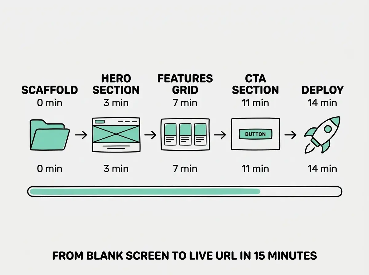 EXPLAINER DIAGRAM: A horizontal four-step flow chart. Step 1 box labeled SCAFFOLD in teal with subtitle RUN CREATE NEXT APP. Arrow points to Step 2 box labeled BUILD in coral with subtitle PROMPT AI FOR SECTIONS. Arrow points to Step 3 box labeled POLISH in teal with subtitle REFINE COPY AND DESIGN. Arrow points to Step 4 box labeled DEPLOY in coral with subtitle PUSH TO VERCEL. Below all four boxes, a timeline bar reads 0 MIN on the left, 5 MIN under Step 1, 10 MIN under Step 2-3, and 15 MIN under Step 4. Light gray background.