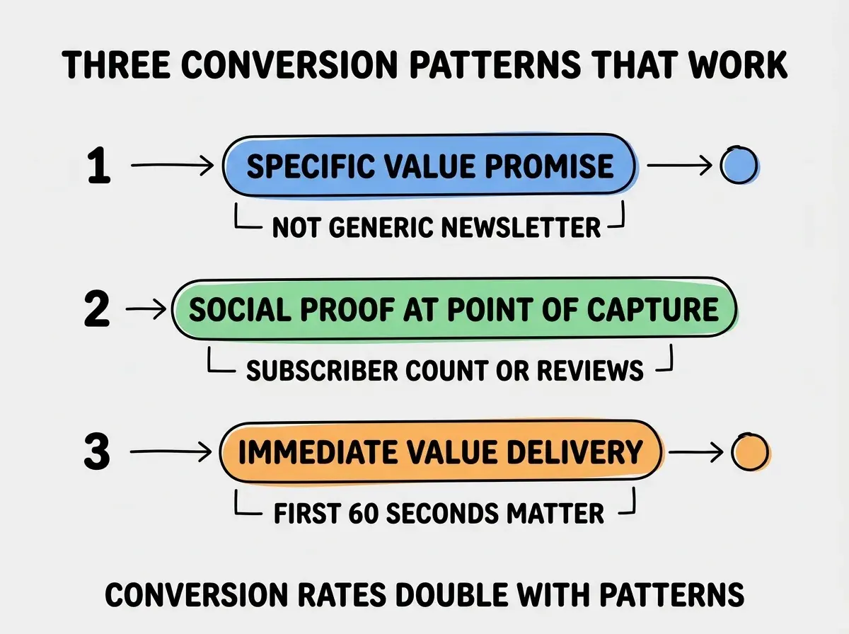 EXPLAINER DIAGRAM titled THREE CONVERSION PATTERNS THAT WORK shown as a vertical numbered list on a slate background. Three rows. Row 1 blue badge SPECIFIC VALUE PROMISE sublabel NOT GENERIC NEWSLETTER. Row 2 green badge SOCIAL PROOF AT POINT OF CAPTURE sublabel SUBSCRIBER COUNT OR REVIEWS. Row 3 orange badge IMMEDIATE VALUE DELIVERY sublabel FIRST 60 SECONDS MATTER. Footer reads CONVERSION RATES DOUBLE WITH PATTERNS. CRITICAL: each label appears only ONCE.