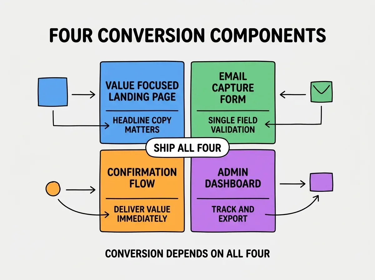 EXPLAINER DIAGRAM titled FOUR CONVERSION COMPONENTS shown as a 2x2 grid of quadrants on a slate background. Top left blue VALUE FOCUSED LANDING PAGE sublabel HEADLINE COPY MATTERS. Top right green EMAIL CAPTURE FORM sublabel SINGLE FIELD VALIDATION. Bottom left orange CONFIRMATION FLOW sublabel DELIVER VALUE IMMEDIATELY. Bottom right purple ADMIN DASHBOARD sublabel TRACK AND EXPORT. Center label SHIP ALL FOUR. Footer reads CONVERSION DEPENDS ON ALL FOUR.