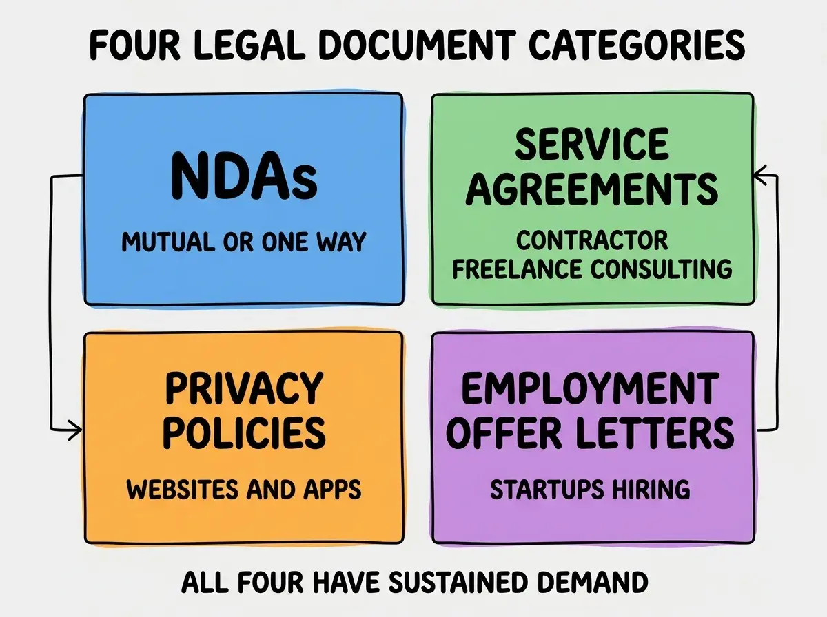 EXPLAINER DIAGRAM titled FOUR LEGAL DOCUMENT CATEGORIES shown as a 2x2 grid of quadrants on a slate background. Top left blue NDAS sublabel MUTUAL OR ONE WAY. Top right green SERVICE AGREEMENTS sublabel CONTRACTOR FREELANCE CONSULTING. Bottom left orange PRIVACY POLICIES sublabel WEBSITES AND APPS. Bottom right purple EMPLOYMENT OFFER LETTERS sublabel STARTUPS HIRING. Center label reads PICK CATEGORIES BY VOLUME. Footer reads ALL FOUR HAVE SUSTAINED DEMAND.
