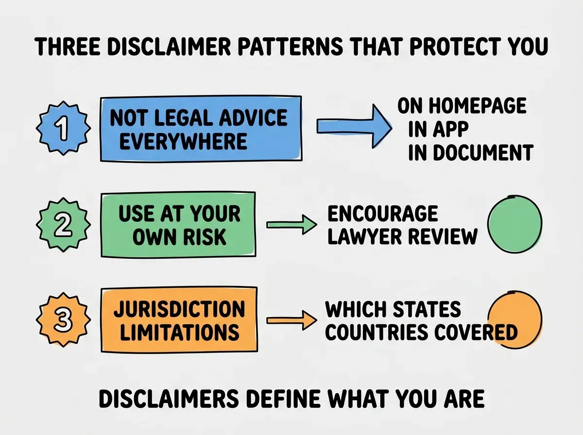 EXPLAINER DIAGRAM titled THREE DISCLAIMER PATTERNS THAT PROTECT YOU shown as a vertical numbered list on a slate background. Three rows. Row 1 blue badge NOT LEGAL ADVICE EVERYWHERE sublabel ON HOMEPAGE IN APP IN DOCUMENT. Row 2 green badge USE AT YOUR OWN RISK sublabel ENCOURAGE LAWYER REVIEW. Row 3 orange badge JURISDICTION LIMITATIONS sublabel WHICH STATES COUNTRIES COVERED. Footer reads DISCLAIMERS DEFINE WHAT YOU ARE.