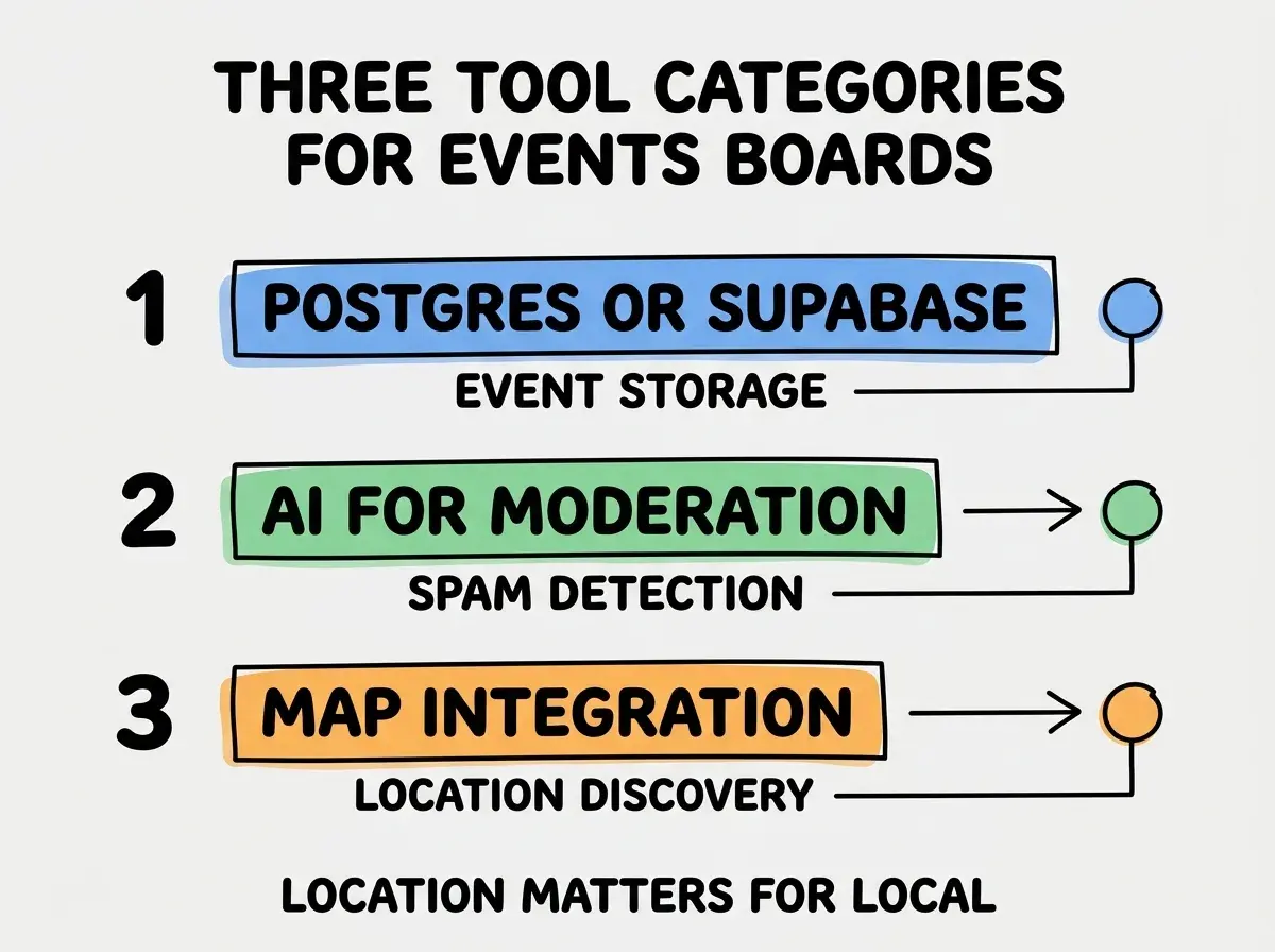 EXPLAINER DIAGRAM titled THREE TOOL CATEGORIES FOR EVENTS BOARDS shown as a vertical numbered list on a slate background. Three rows. Row 1 blue badge POSTGRES OR SUPABASE sublabel EVENT STORAGE. Row 2 green badge AI FOR MODERATION sublabel SPAM DETECTION. Row 3 orange badge MAP INTEGRATION sublabel LOCATION DISCOVERY. Footer reads LOCATION MATTERS FOR LOCAL. CRITICAL: each label appears only ONCE.