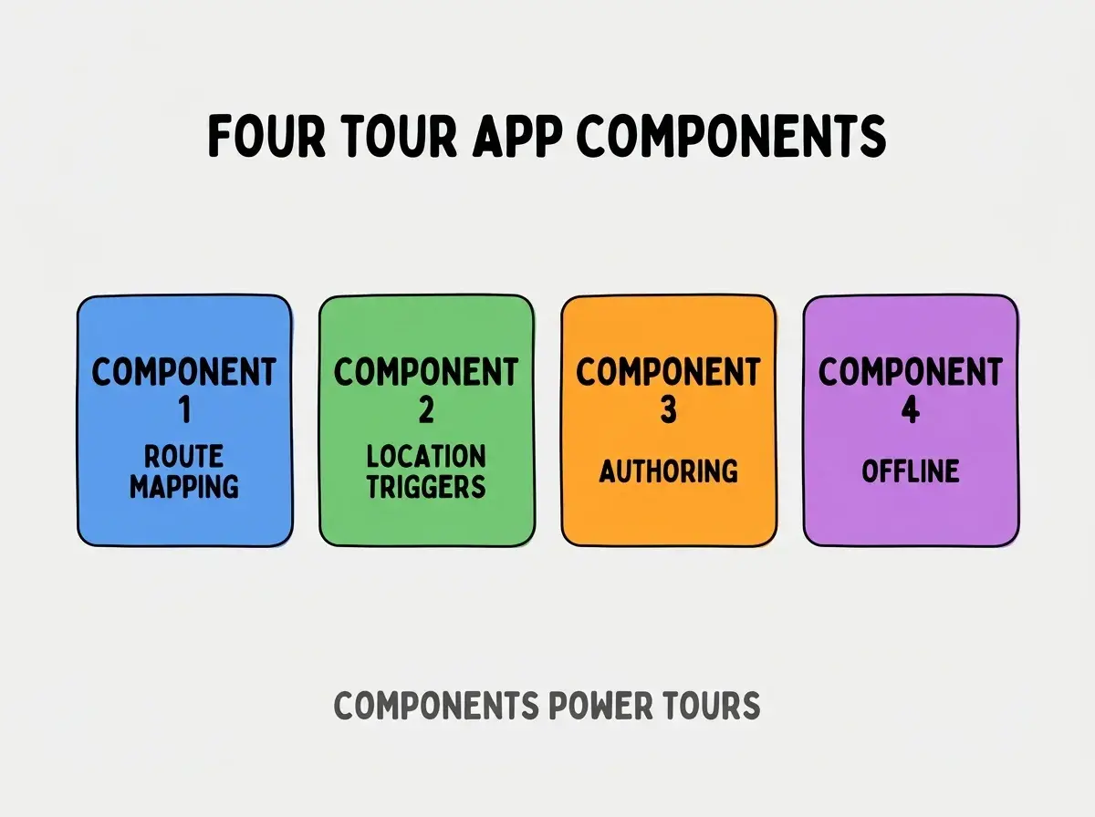 Clean modern flat infographic on light gray background. Top center bold black title text: FOUR TOUR APP COMPONENTS. Below title, four equal sized colored rounded rectangle cards arranged horizontally. Card 1 blue: large bold text COMPONENT 1 then smaller text ROUTE MAPPING. Card 2 green: large bold text COMPONENT 2 then smaller text LOCATION TRIGGERS. Card 3 orange: large bold text COMPONENT 3 then smaller text AUTHORING. Card 4 purple: large bold text COMPONENT 4 then smaller text OFFLINE. Single footer line below cards in dark gray text: COMPONENTS POWER TOURS. Nothing else on canvas. No text outside cards or below cards.