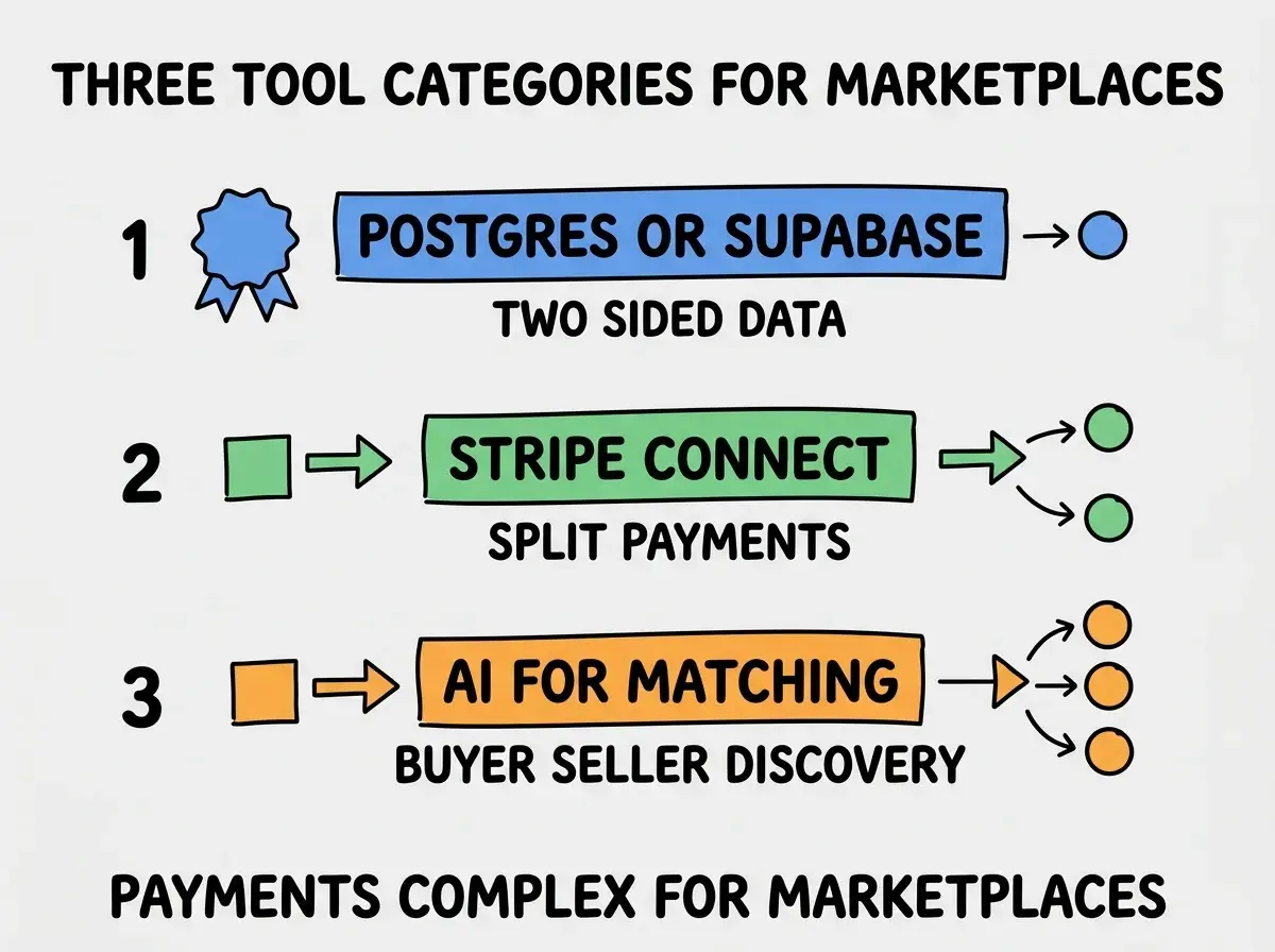 EXPLAINER DIAGRAM titled THREE TOOL CATEGORIES FOR MARKETPLACES shown as a vertical numbered list on a slate background. Three rows. Row 1 blue badge POSTGRES OR SUPABASE sublabel TWO SIDED DATA. Row 2 green badge STRIPE CONNECT sublabel SPLIT PAYMENTS. Row 3 orange badge AI FOR MATCHING sublabel BUYER SELLER DISCOVERY. Footer reads PAYMENTS COMPLEX FOR MARKETPLACES. CRITICAL: each label appears only ONCE.