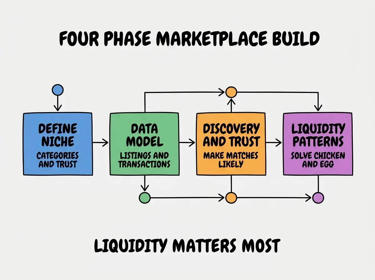 EXPLAINER DIAGRAM titled FOUR PHASE MARKETPLACE BUILD shown as a horizontal four-stage pipeline on a slate background. Stage 1 colored blue DEFINE NICHE sublabel CATEGORIES AND TRUST. Stage 2 colored green DATA MODEL sublabel LISTINGS AND TRANSACTIONS. Stage 3 colored orange DISCOVERY AND TRUST sublabel MAKE MATCHES LIKELY. Stage 4 colored purple LIQUIDITY PATTERNS sublabel SOLVE CHICKEN AND EGG. Footer reads LIQUIDITY MATTERS MOST.