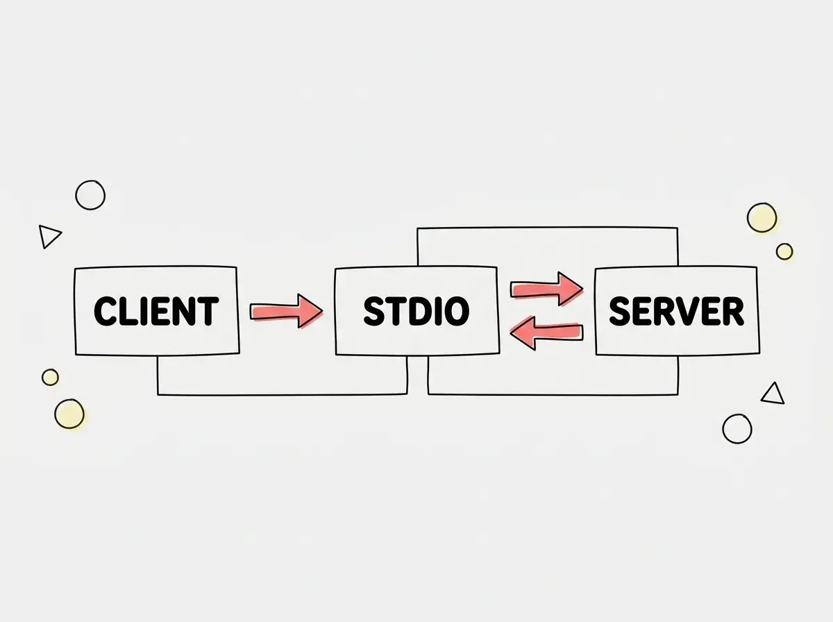 Simple conceptual diagram with separate boxes labeled CLIENT, STDIO, SERVER. Use exactly these labels and no other text. No statistics, numbers, code, or rankings.