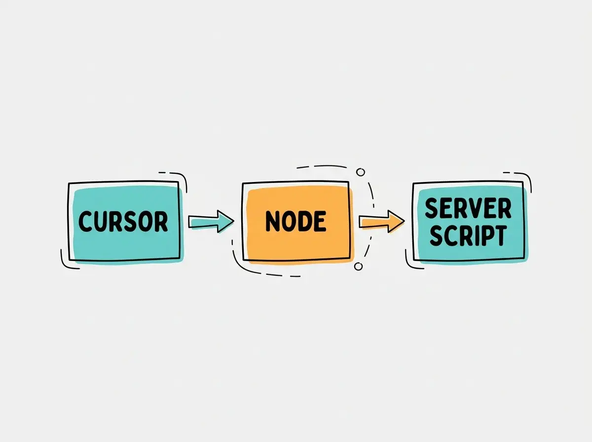 Simple conceptual diagram with separate boxes labeled CURSOR, NODE, SERVER SCRIPT. Use exactly these labels and no other text. No statistics, numbers, code, or rankings.