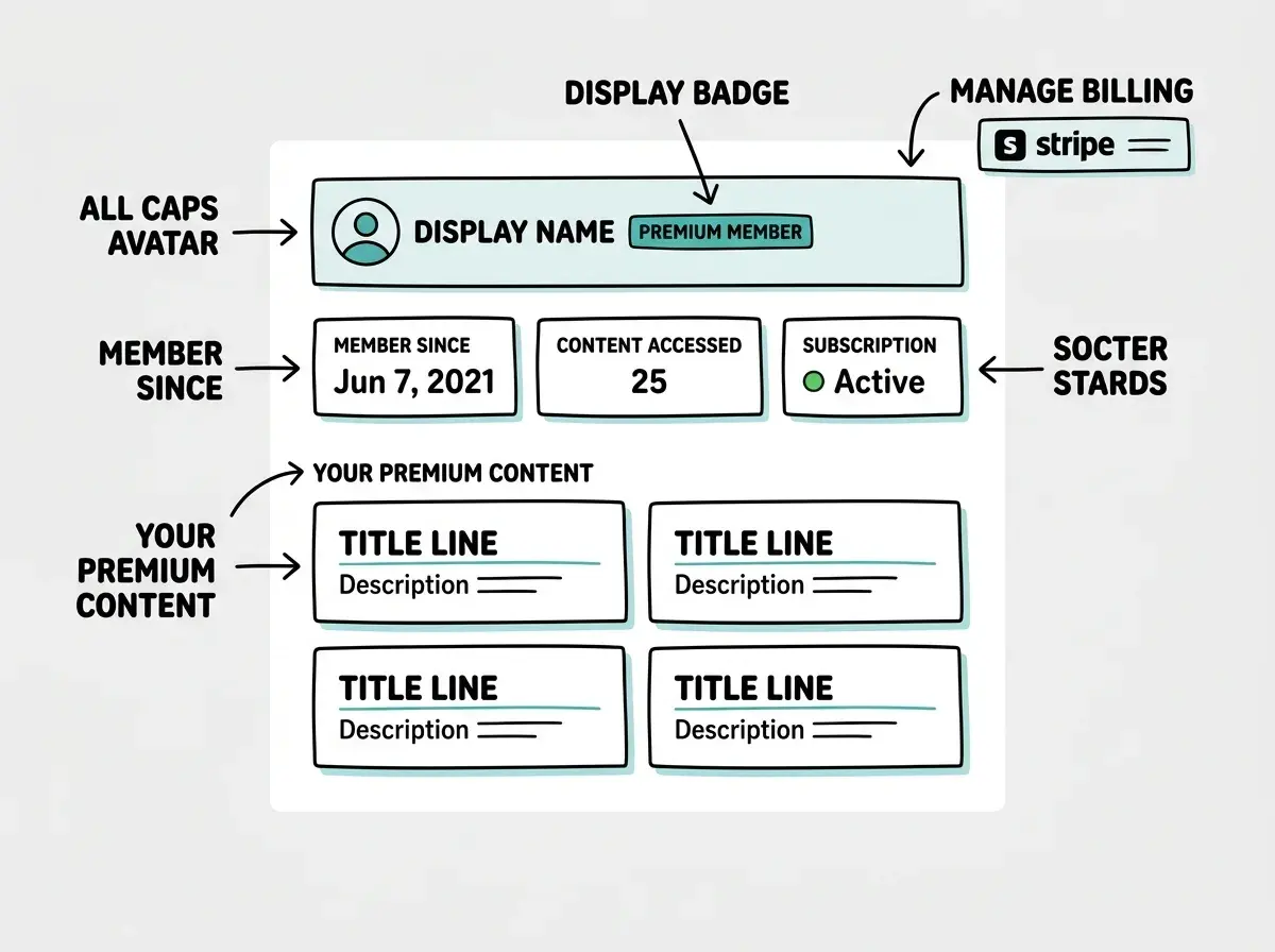 EXPLAINER DIAGRAM: A wireframe layout of the member dashboard page. Top section shows a horizontal bar with a user avatar circle, display name text, and a badge labeled PREMIUM MEMBER in teal. Below that, a row of three stat cards: MEMBER SINCE with a date, CONTENT ACCESSED with a number, and SUBSCRIPTION showing Active with a green dot. Below the stats, a section labeled YOUR PREMIUM CONTENT with a 2-by-2 grid of content cards, each showing a title line and a short description line. In the top-right corner, a button labeled MANAGE BILLING with a Stripe icon. Clean layout with teal accents on white background.