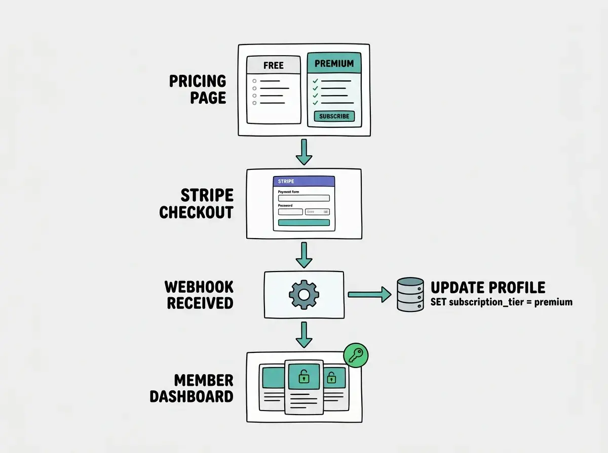 EXPLAINER DIAGRAM: A vertical flow showing the membership subscription process. Top box labeled PRICING PAGE shows two tier cards side by side, FREE with a list of features and PREMIUM with a list of features plus a SUBSCRIBE button. An arrow points down to a box labeled STRIPE CHECKOUT showing a payment form. An arrow points down to a box labeled WEBHOOK RECEIVED with a gear icon. Two arrows branch from the webhook box: one pointing right to a database icon labeled UPDATE PROFILE SET subscription_tier equals premium, and one pointing down to a box labeled MEMBER DASHBOARD showing unlocked premium content cards with a green key icon. Teal arrows on light gray background.