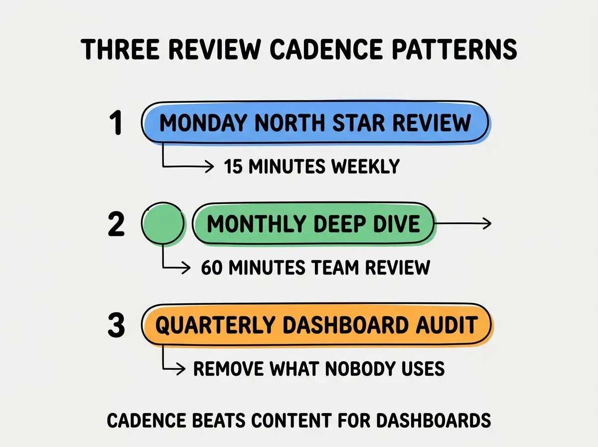 EXPLAINER DIAGRAM titled THREE REVIEW CADENCE PATTERNS shown as a vertical numbered list on a slate background. Three rows. Row 1 blue badge MONDAY NORTH STAR REVIEW sublabel 15 MINUTES WEEKLY. Row 2 green badge MONTHLY DEEP DIVE sublabel 60 MINUTES TEAM REVIEW. Row 3 orange badge QUARTERLY DASHBOARD AUDIT sublabel REMOVE WHAT NOBODY USES. Footer reads CADENCE BEATS CONTENT FOR DASHBOARDS.
