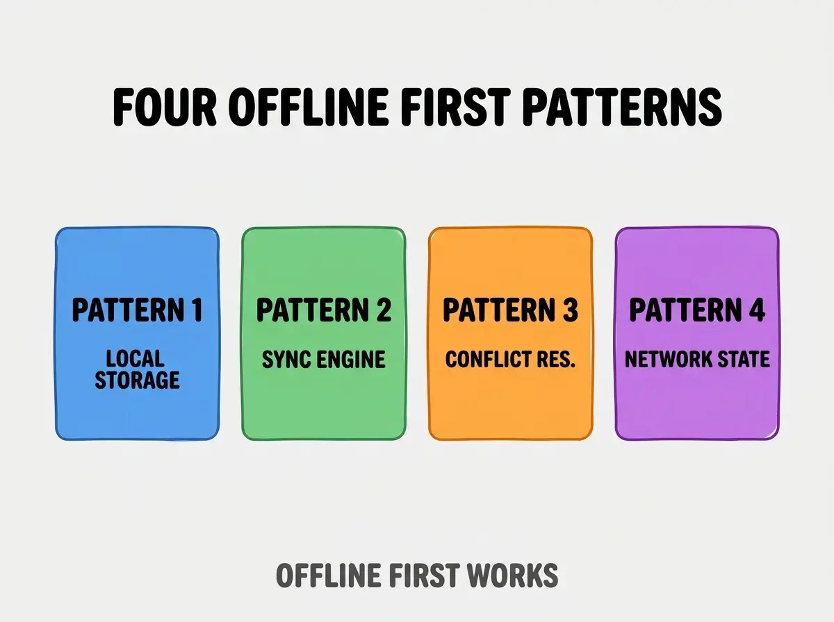 Clean modern flat infographic on light gray background. Top center bold black title text: FOUR OFFLINE FIRST PATTERNS. Below title, four equal sized colored rounded rectangle cards arranged horizontally. Card 1 blue: large bold text PATTERN 1 then smaller text LOCAL STORAGE. Card 2 green: large bold text PATTERN 2 then smaller text SYNC ENGINE. Card 3 orange: large bold text PATTERN 3 then smaller text CONFLICT RES. Card 4 purple: large bold text PATTERN 4 then smaller text NETWORK STATE. Single footer line below cards in dark gray text: OFFLINE FIRST WORKS. Nothing else on canvas. No text outside cards or below cards.