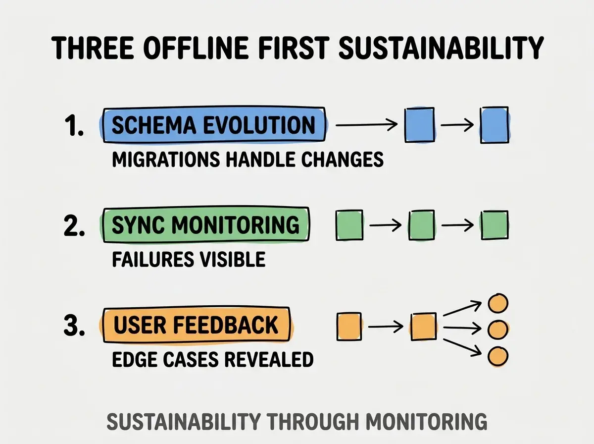 Clean modern flat infographic on light gray background. Top title bold black: THREE OFFLINE FIRST SUSTAINABILITY. Single vertical numbered list with three rows. Row 1 blue badge SCHEMA EVOLUTION with subtitle MIGRATIONS HANDLE CHANGES. Row 2 green badge SYNC MONITORING with subtitle FAILURES VISIBLE. Row 3 orange badge USER FEEDBACK with subtitle EDGE CASES REVEALED. Footer text dark gray: SUSTAINABILITY THROUGH MONITORING. Each label appears exactly once. No duplicated text.