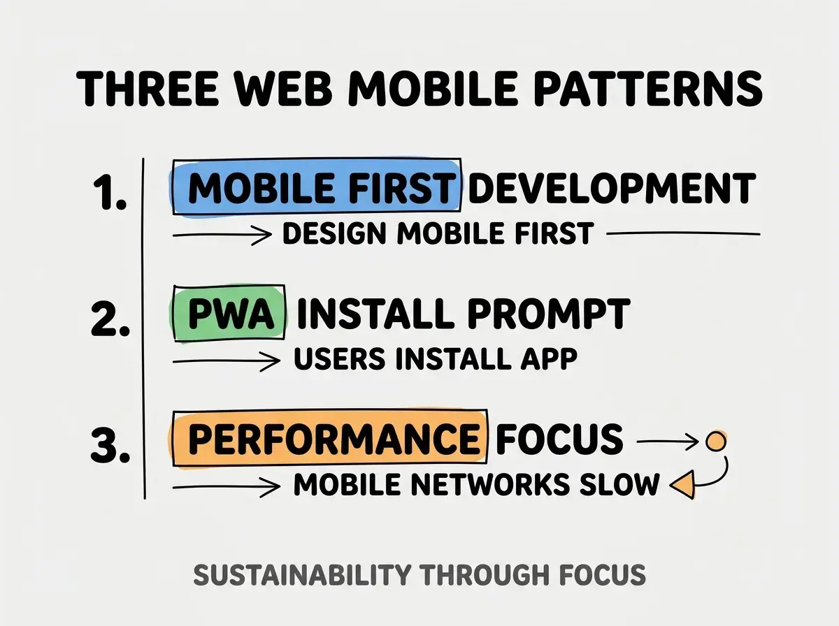 Clean modern flat infographic on light gray background. Top title bold black: THREE WEB MOBILE PATTERNS. Single vertical numbered list with three rows. Row 1 blue badge MOBILE FIRST DEVELOPMENT with subtitle DESIGN MOBILE FIRST. Row 2 green badge PWA INSTALL PROMPT with subtitle USERS INSTALL APP. Row 3 orange badge PERFORMANCE FOCUS with subtitle MOBILE NETWORKS SLOW. Footer text dark gray: SUSTAINABILITY THROUGH FOCUS. Each label appears exactly once. No duplicated text.