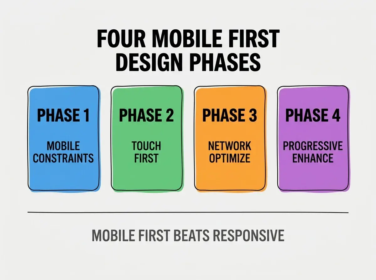 Clean modern flat infographic on light gray background. Top center bold black title text: FOUR MOBILE FIRST DESIGN PHASES. Below title, four equal sized colored rounded rectangle cards arranged horizontally. Card 1 blue: large bold text PHASE 1 then smaller text MOBILE CONSTRAINTS. Card 2 green: large bold text PHASE 2 then smaller text TOUCH FIRST. Card 3 orange: large bold text PHASE 3 then smaller text NETWORK OPTIMIZE. Card 4 purple: large bold text PHASE 4 then smaller text PROGRESSIVE ENHANCE. Single footer line below cards in dark gray text: MOBILE FIRST BEATS RESPONSIVE. Nothing else on canvas. No text outside cards or below cards.