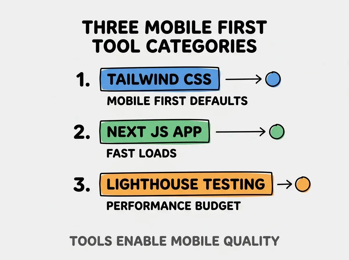 Clean modern flat infographic on light gray background. Top title bold black: THREE MOBILE FIRST TOOL CATEGORIES. Single vertical numbered list with three rows. Row 1 blue badge TAILWIND CSS with subtitle MOBILE FIRST DEFAULTS. Row 2 green badge NEXT JS APP with subtitle FAST LOADS. Row 3 orange badge LIGHTHOUSE TESTING with subtitle PERFORMANCE BUDGET. Footer text dark gray: TOOLS ENABLE MOBILE QUALITY. Each label appears exactly once. No duplicated text.