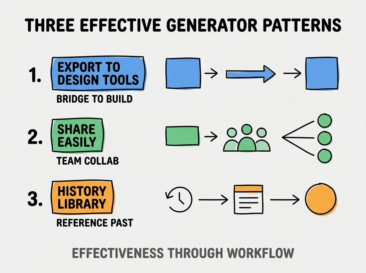 Clean modern flat infographic on light gray background. Top title bold black: THREE EFFECTIVE GENERATOR PATTERNS. Single vertical numbered list with three rows. Row 1 blue badge EXPORT TO DESIGN TOOLS with subtitle BRIDGE TO BUILD. Row 2 green badge SHARE EASILY with subtitle TEAM COLLAB. Row 3 orange badge HISTORY LIBRARY with subtitle REFERENCE PAST. Footer text dark gray: EFFECTIVENESS THROUGH WORKFLOW. Each label appears exactly once. No duplicated text.