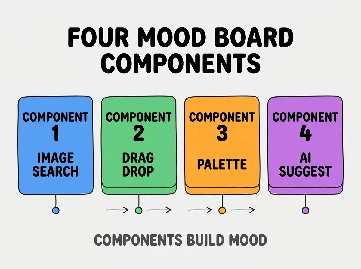 Clean modern flat infographic on light gray background. Top center bold black title text: FOUR MOOD BOARD COMPONENTS. Below title, four equal sized colored rounded rectangle cards arranged horizontally. Card 1 blue: large bold text COMPONENT 1 then smaller text IMAGE SEARCH. Card 2 green: large bold text COMPONENT 2 then smaller text DRAG DROP. Card 3 orange: large bold text COMPONENT 3 then smaller text PALETTE. Card 4 purple: large bold text COMPONENT 4 then smaller text AI SUGGEST. Single footer line below cards in dark gray text: COMPONENTS BUILD MOOD. Nothing else on canvas. No text outside cards or below cards.