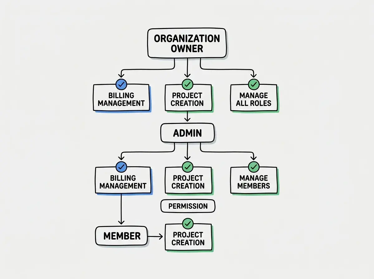 Flowchart showing the role hierarchy within an organization with owner admin and member permissions mapped to specific actions like billing management and project creation
