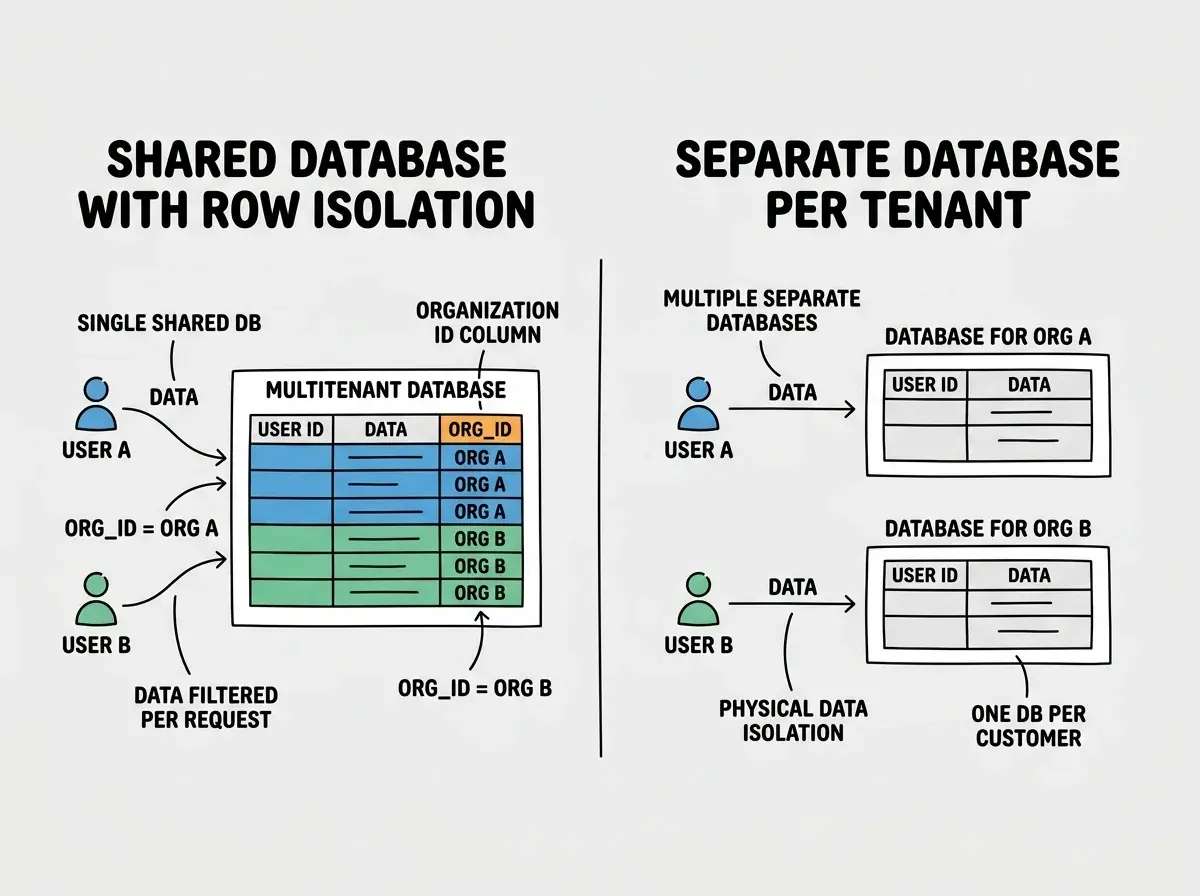 Diagram comparing shared database with row isolation versus separate database per tenant architecture showing how org_id column filters data in the shared approach