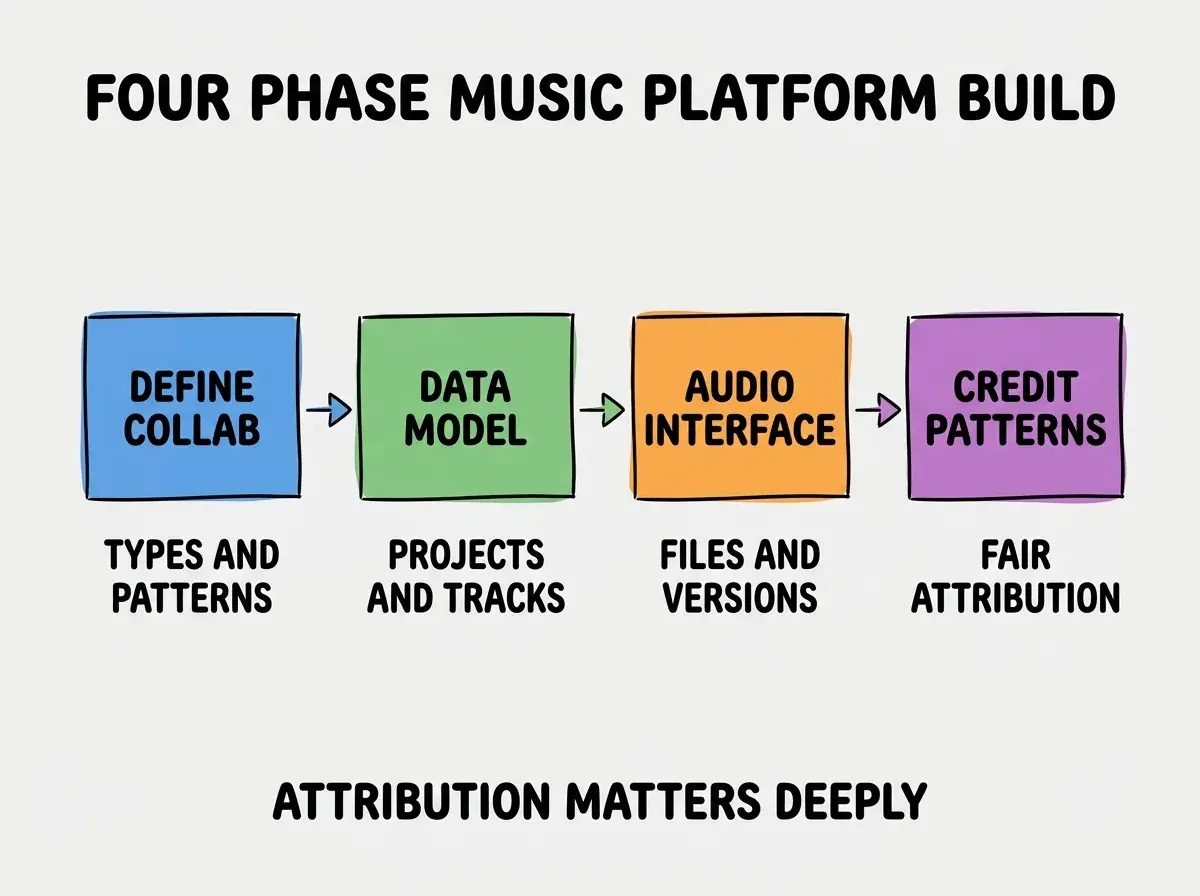 EXPLAINER DIAGRAM titled FOUR PHASE MUSIC PLATFORM BUILD shown as a horizontal four-stage pipeline on a slate background. Stage 1 colored blue DEFINE COLLAB sublabel TYPES AND PATTERNS. Stage 2 colored green DATA MODEL sublabel PROJECTS AND TRACKS. Stage 3 colored orange AUDIO INTERFACE sublabel FILES AND VERSIONS. Stage 4 colored purple CREDIT PATTERNS sublabel FAIR ATTRIBUTION. Footer reads ATTRIBUTION MATTERS DEEPLY.
