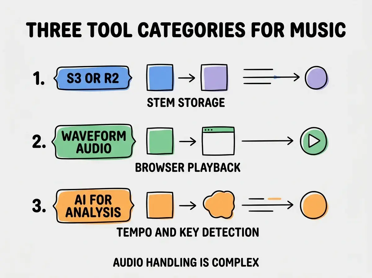 EXPLAINER DIAGRAM titled THREE TOOL CATEGORIES FOR MUSIC shown as a vertical numbered list on a slate background. Three rows. Row 1 blue badge S3 OR R2 sublabel STEM STORAGE. Row 2 green badge WAVEFORM AUDIO sublabel BROWSER PLAYBACK. Row 3 orange badge AI FOR ANALYSIS sublabel TEMPO AND KEY DETECTION. Footer reads AUDIO HANDLING IS COMPLEX. CRITICAL: each label appears only ONCE.