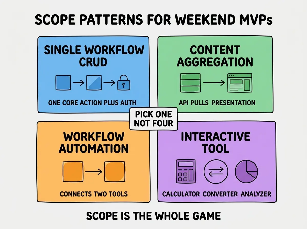 EXPLAINER DIAGRAM titled FOUR SCOPE PATTERNS FOR WEEKEND MVPS shown as a 2x2 grid of quadrants on a slate background. Top left blue SINGLE WORKFLOW CRUD sublabel ONE CORE ACTION PLUS AUTH. Top right green CONTENT AGGREGATION sublabel API PULLS PRESENTATION. Bottom left orange WORKFLOW AUTOMATION sublabel CONNECTS TWO TOOLS. Bottom right purple INTERACTIVE TOOL sublabel CALCULATOR CONVERTER ANALYZER. Center label PICK ONE NOT FOUR. Footer reads SCOPE IS THE WHOLE GAME.