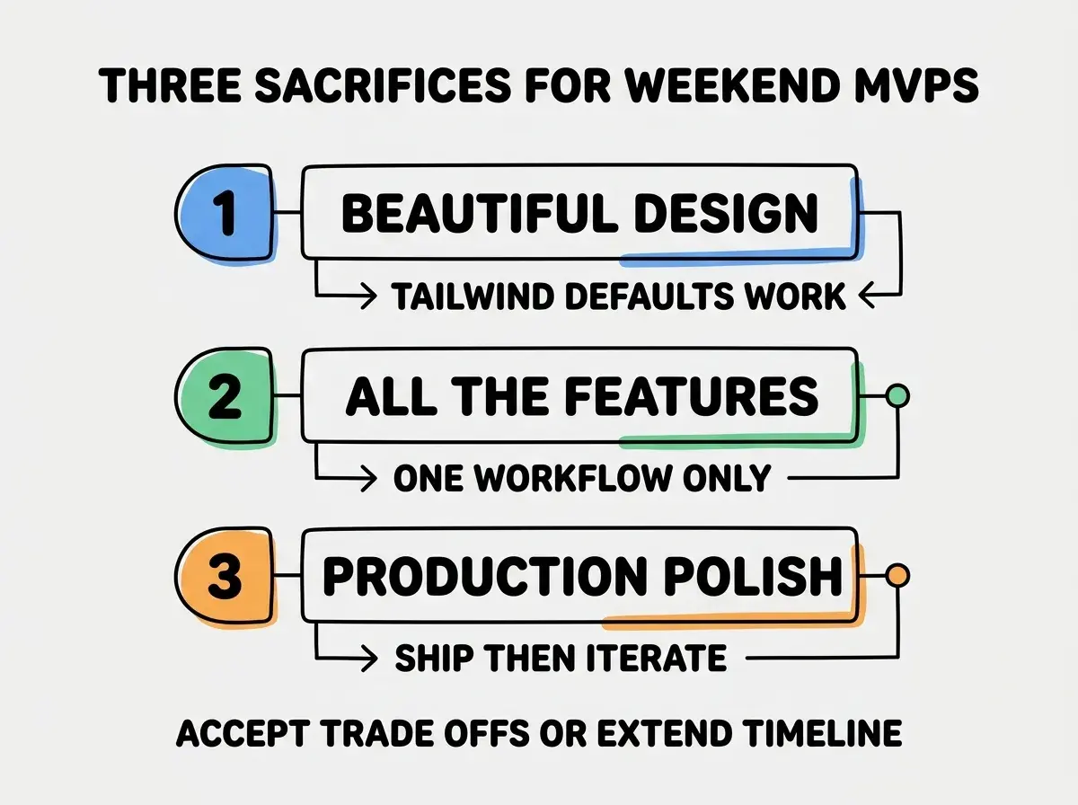 EXPLAINER DIAGRAM titled THREE SACRIFICES FOR WEEKEND MVPS shown as a vertical numbered list on a slate background. Three rows. Row 1 blue badge BEAUTIFUL DESIGN sublabel TAILWIND DEFAULTS WORK. Row 2 green badge ALL THE FEATURES sublabel ONE WORKFLOW ONLY. Row 3 orange badge PRODUCTION POLISH sublabel SHIP THEN ITERATE. Footer reads ACCEPT TRADE OFFS OR EXTEND TIMELINE.